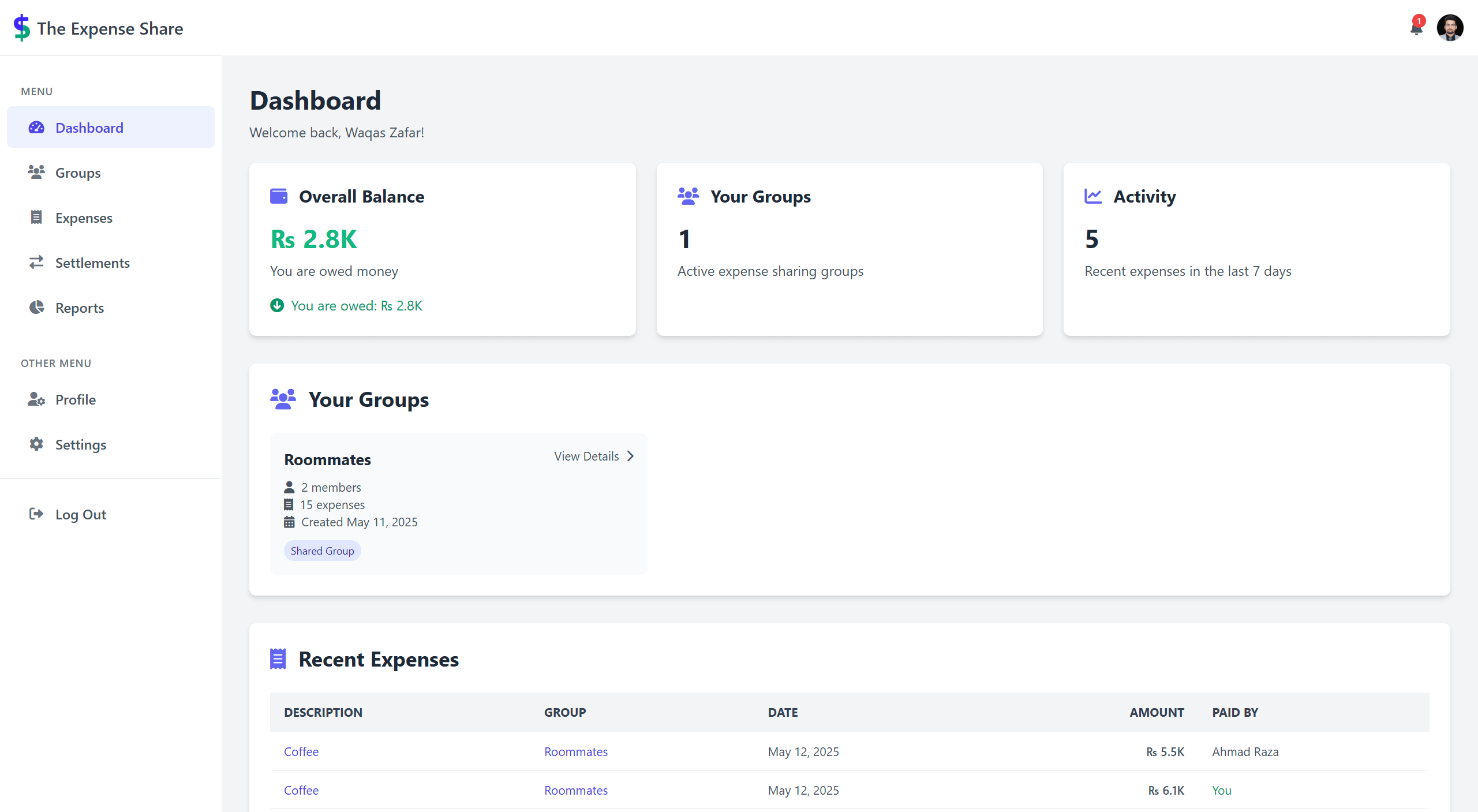 Expense sharing app preview